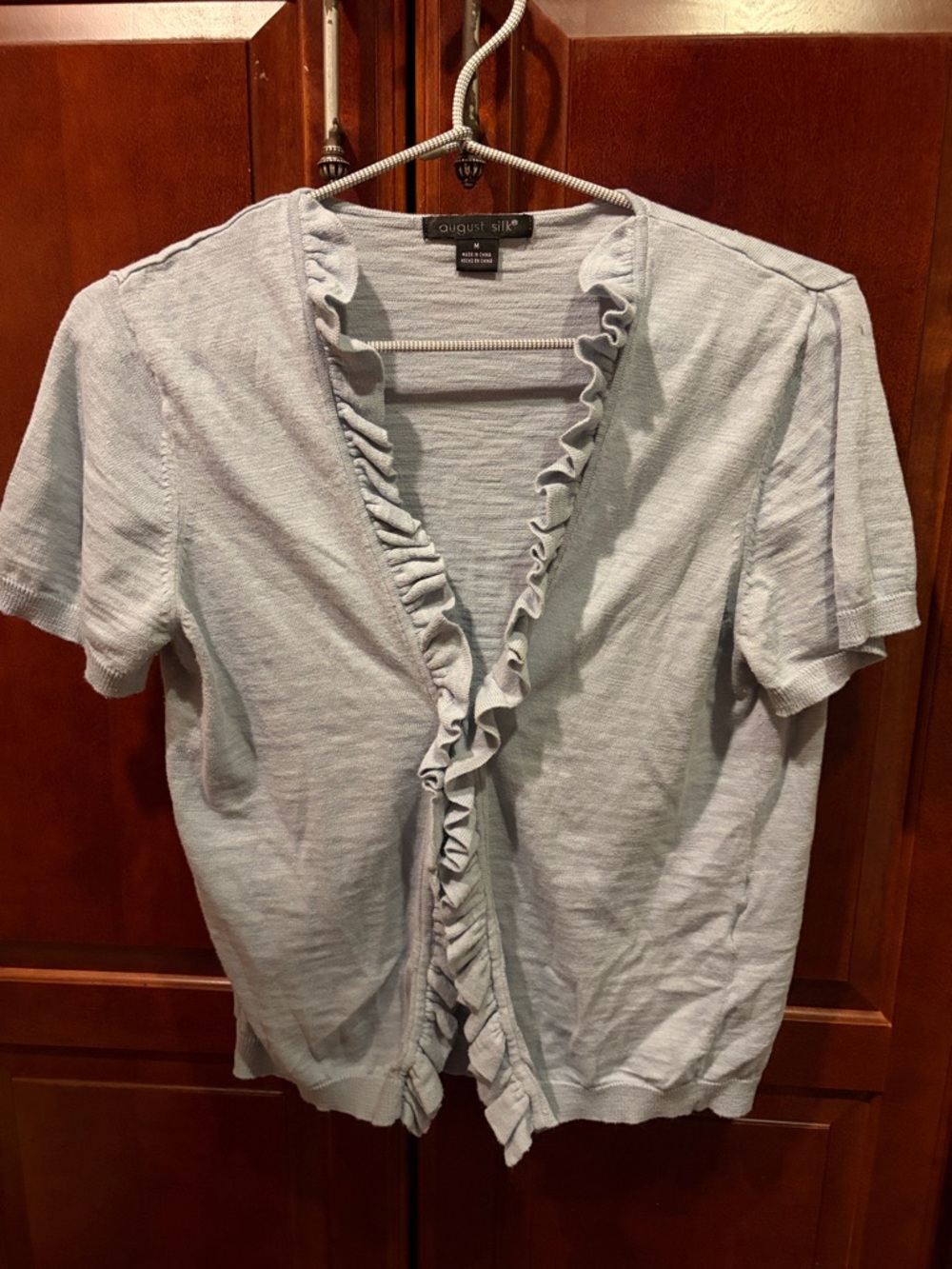 August Silk Pale Blue Ruffle-Trim Short Sleeve Cardigan Clasp closure Size M